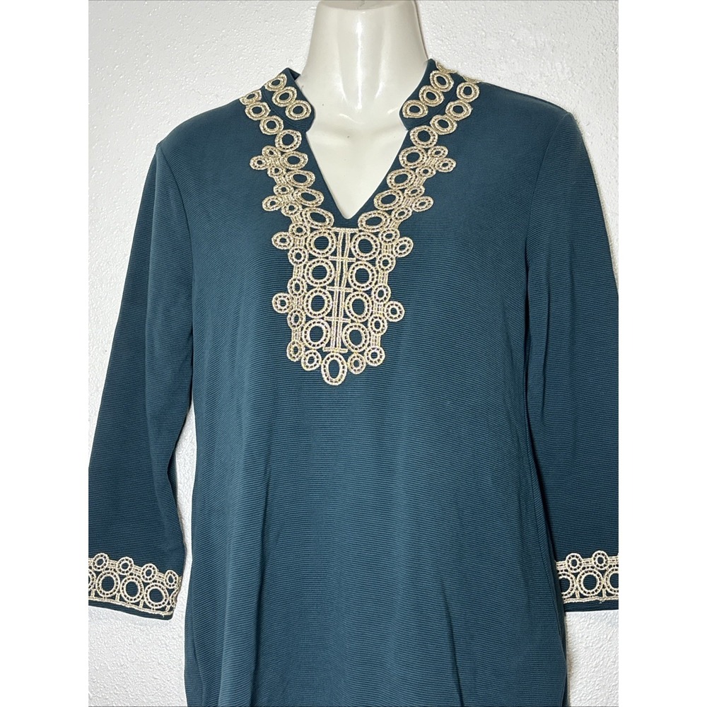 Women's Teal Knit Tunic Top Gold Embroidered Medallion Neckline 3/4 Sleeve XS